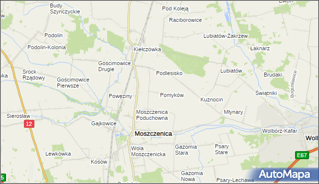 mapa Pomyków gmina Moszczenica, Pomyków gmina Moszczenica na mapie Targeo