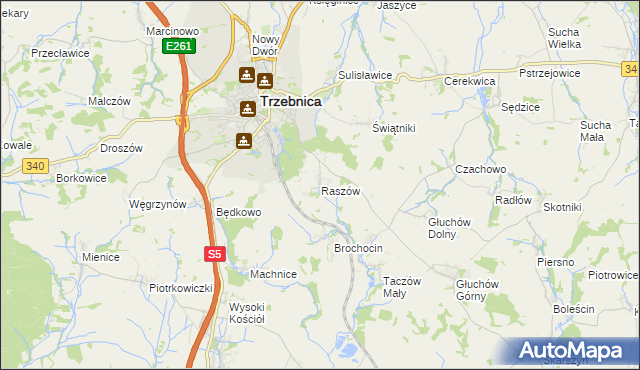 mapa Raszów gmina Trzebnica, Raszów gmina Trzebnica na mapie Targeo