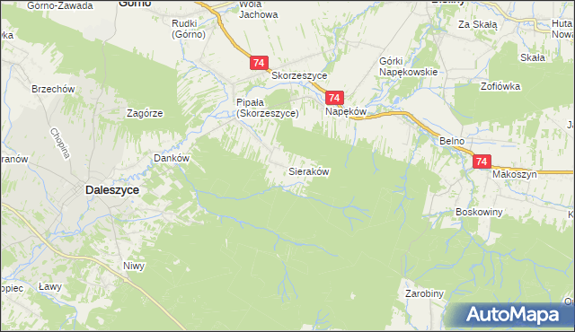 mapa Sieraków gmina Daleszyce, Sieraków gmina Daleszyce na mapie Targeo