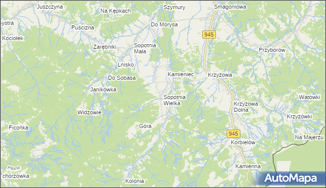 mapa Sopotnia Wielka, Sopotnia Wielka na mapie Targeo