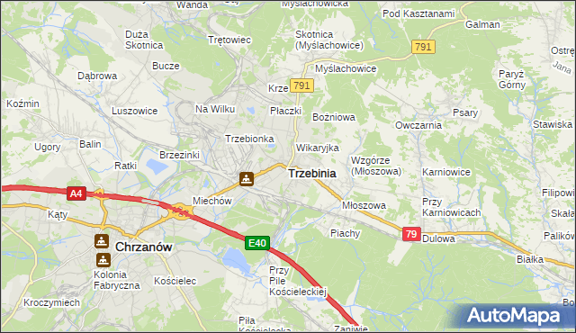 mapa Trzebinia powiat chrzanowski, Trzebinia powiat chrzanowski na mapie Targeo