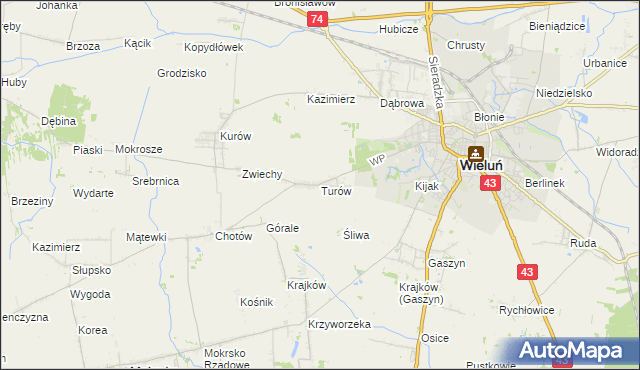 mapa Turów gmina Wieluń, Turów gmina Wieluń na mapie Targeo