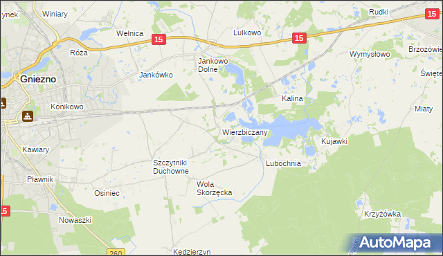 mapa Wierzbiczany gmina Gniezno, Wierzbiczany gmina Gniezno na mapie Targeo