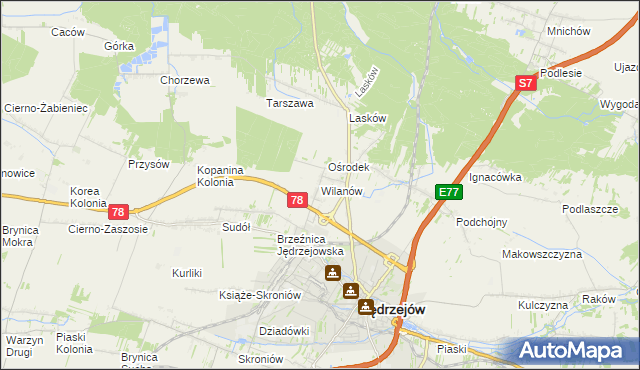 mapa Wilanów gmina Jędrzejów, Wilanów gmina Jędrzejów na mapie Targeo