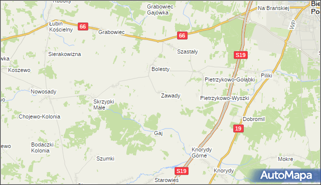 mapa Zawady gmina Bielsk Podlaski, Zawady gmina Bielsk Podlaski na mapie Targeo