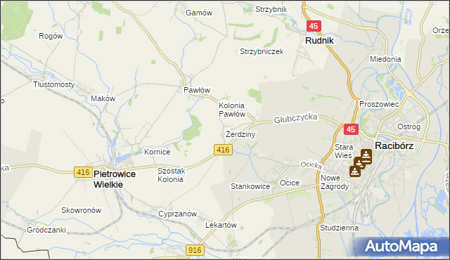 mapa Żerdziny gmina Pietrowice Wielkie, Żerdziny gmina Pietrowice Wielkie na mapie Targeo