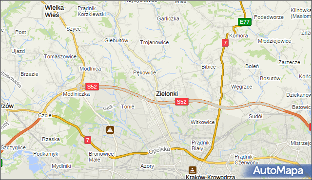 mapa Zielonki powiat krakowski, Zielonki powiat krakowski na mapie Targeo
