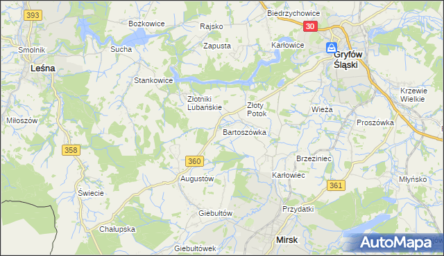 mapa Bartoszówka gmina Leśna, Bartoszówka gmina Leśna na mapie Targeo
