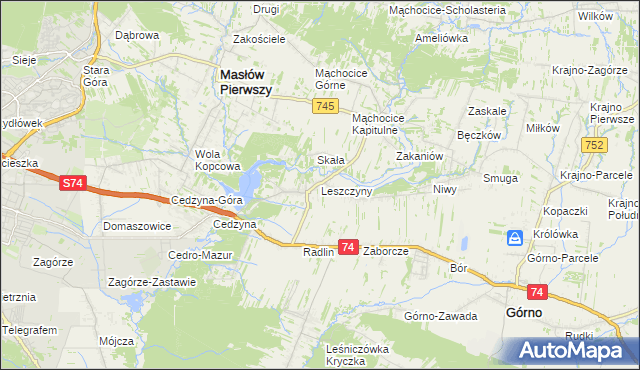 mapa Leszczyny gmina Górno, Leszczyny gmina Górno na mapie Targeo