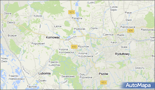 mapa Rzuchów gmina Kornowac, Rzuchów gmina Kornowac na mapie Targeo