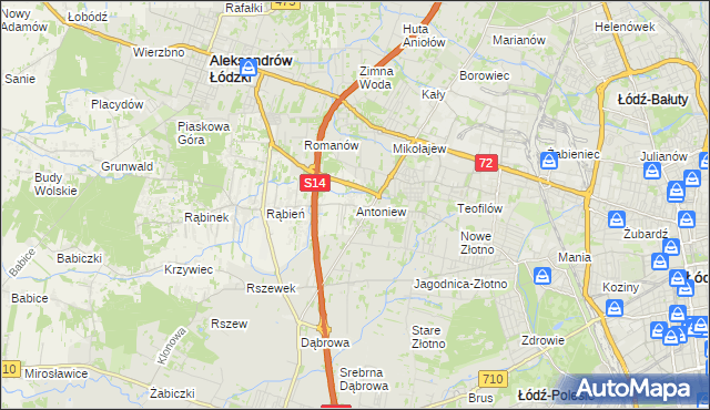 mapa Antoniew gmina Aleksandrów Łódzki, Antoniew gmina Aleksandrów Łódzki na mapie Targeo