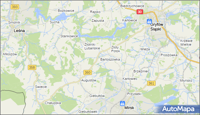 mapa Bartoszówka gmina Leśna, Bartoszówka gmina Leśna na mapie Targeo