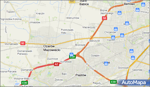 mapa Bronisze gmina Ożarów Mazowiecki, Bronisze gmina Ożarów Mazowiecki na mapie Targeo