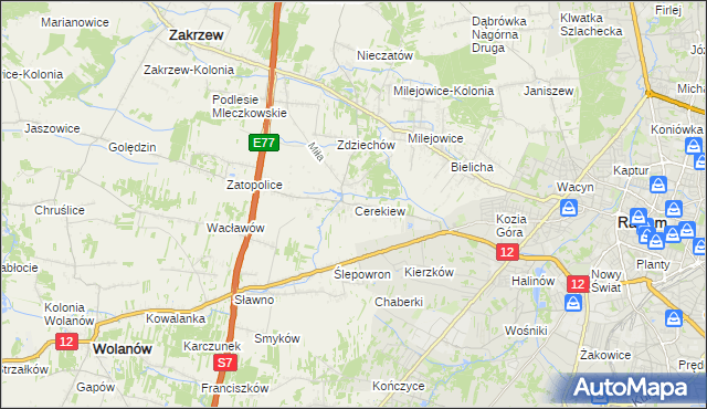 mapa Cerekiew gmina Zakrzew, Cerekiew gmina Zakrzew na mapie Targeo