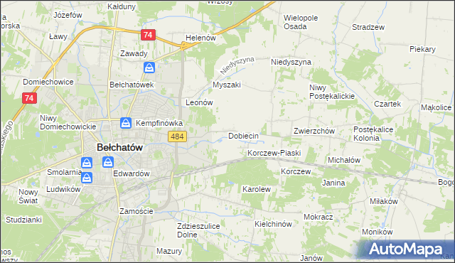 mapa Dobiecin gmina Bełchatów, Dobiecin gmina Bełchatów na mapie Targeo
