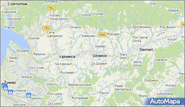 mapa Gilowice powiat żywiecki, Gilowice powiat żywiecki na mapie Targeo