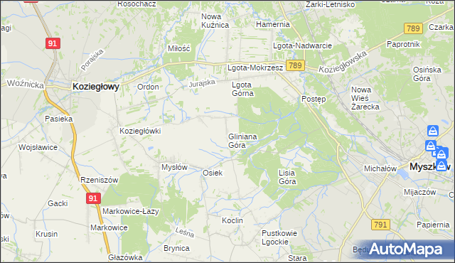 mapa Gliniana Góra gmina Koziegłowy, Gliniana Góra gmina Koziegłowy na mapie Targeo