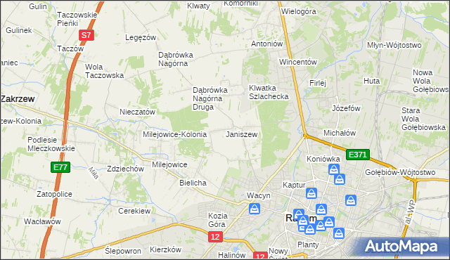 mapa Janiszew gmina Zakrzew, Janiszew gmina Zakrzew na mapie Targeo