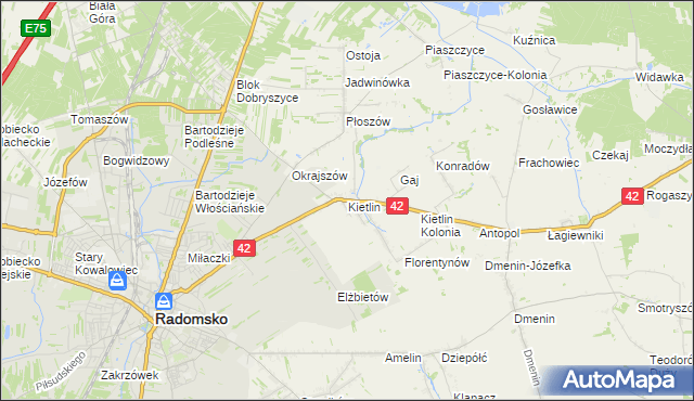 mapa Kietlin gmina Radomsko, Kietlin gmina Radomsko na mapie Targeo