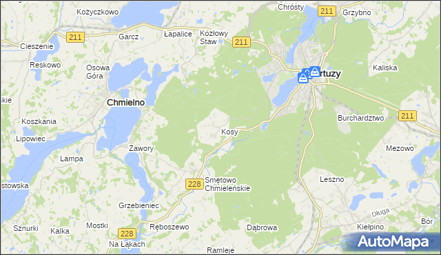 mapa Kosy gmina Kartuzy, Kosy gmina Kartuzy na mapie Targeo