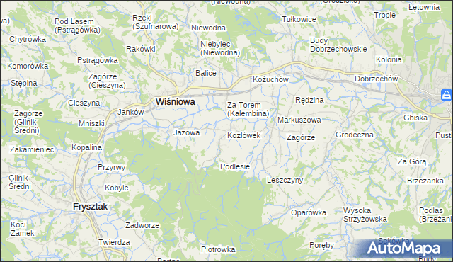mapa Kozłówek gmina Wiśniowa, Kozłówek gmina Wiśniowa na mapie Targeo