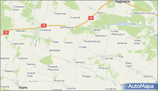 mapa Krzaki gmina Słupia, Krzaki gmina Słupia na mapie Targeo