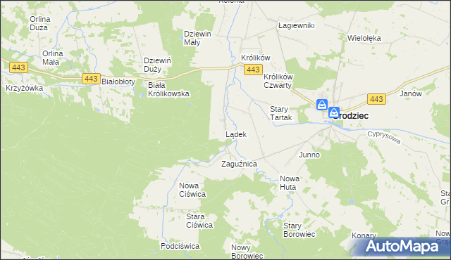 mapa Lądek gmina Grodziec, Lądek gmina Grodziec na mapie Targeo