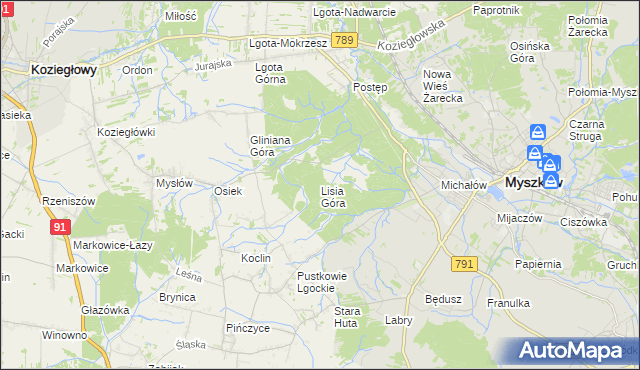 mapa Lisia Góra gmina Koziegłowy, Lisia Góra gmina Koziegłowy na mapie Targeo