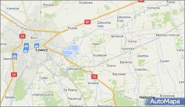 mapa Mysłaków gmina Nieborów, Mysłaków gmina Nieborów na mapie Targeo