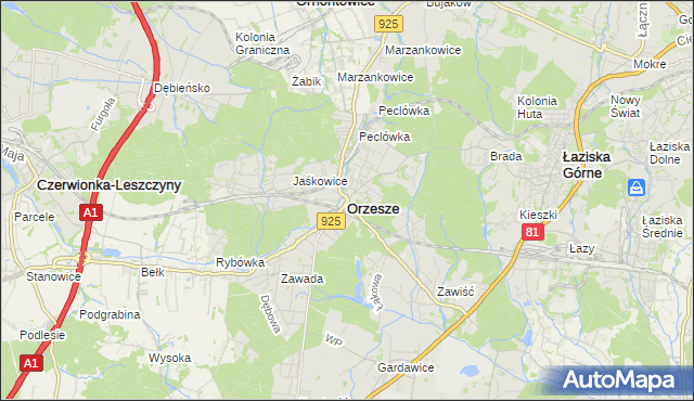 mapa Orzesze powiat mikołowski, Orzesze powiat mikołowski na mapie Targeo