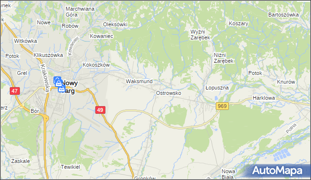 mapa Ostrowsko gmina Nowy Targ, Ostrowsko gmina Nowy Targ na mapie Targeo