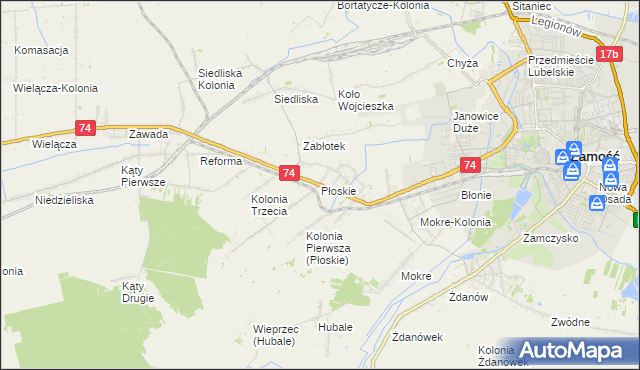 mapa Płoskie gmina Zamość, Płoskie gmina Zamość na mapie Targeo