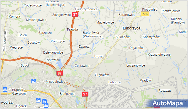 mapa Prusy gmina Kocmyrzów-Luborzyca, Prusy gmina Kocmyrzów-Luborzyca na mapie Targeo