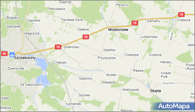 mapa Przybyszów gmina Moskorzew, Przybyszów gmina Moskorzew na mapie Targeo