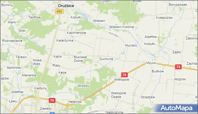 mapa Suchcice gmina Drużbice, Suchcice gmina Drużbice na mapie Targeo
