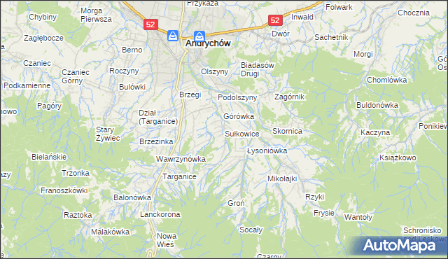 mapa Sułkowice gmina Andrychów, Sułkowice gmina Andrychów na mapie Targeo