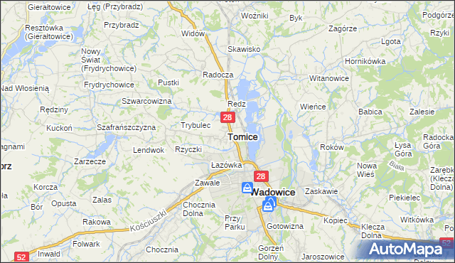 mapa Tomice powiat wadowicki, Tomice powiat wadowicki na mapie Targeo