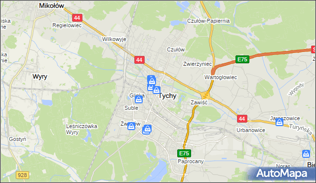 mapa Tychów, Tychy na mapie Targeo