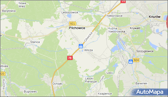 mapa Wilcza gmina Pilchowice, Wilcza gmina Pilchowice na mapie Targeo