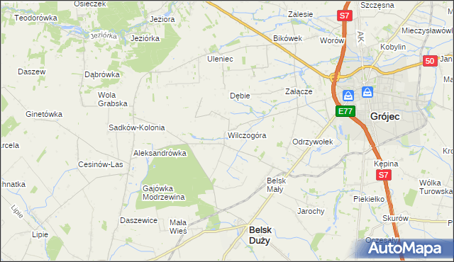 mapa Wilczogóra gmina Belsk Duży, Wilczogóra gmina Belsk Duży na mapie Targeo