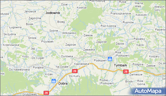 mapa Zawadka gmina Tymbark, Zawadka gmina Tymbark na mapie Targeo