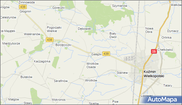 mapa Gałązki gmina Koźmin Wielkopolski, Gałązki gmina Koźmin Wielkopolski na mapie Targeo