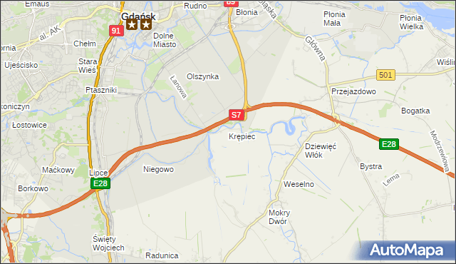mapa Krępiec gmina Pruszcz Gdański, Krępiec gmina Pruszcz Gdański na mapie Targeo