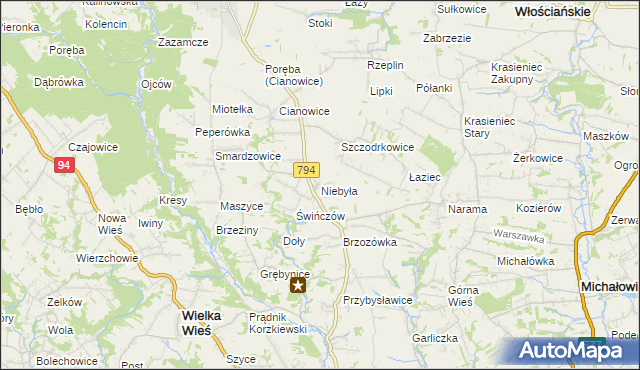 mapa Niebyła gmina Skała, Niebyła gmina Skała na mapie Targeo