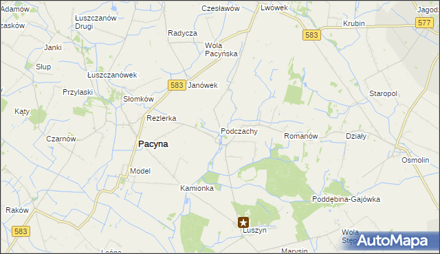 mapa Podczachy gmina Pacyna, Podczachy gmina Pacyna na mapie Targeo