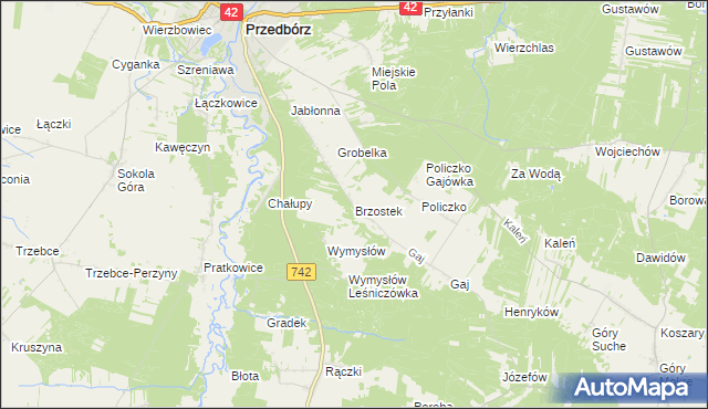 mapa Brzostek gmina Przedbórz, Brzostek gmina Przedbórz na mapie Targeo