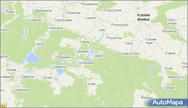 mapa Jasień gmina Kobiele Wielkie, Jasień gmina Kobiele Wielkie na mapie Targeo