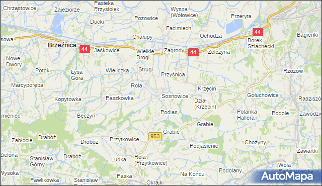 mapa Sosnowice gmina Brzeźnica, Sosnowice gmina Brzeźnica na mapie Targeo