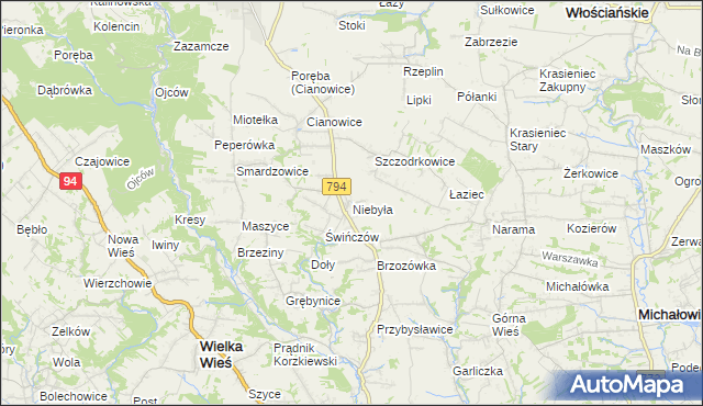 mapa Niebyła gmina Skała, Niebyła gmina Skała na mapie Targeo