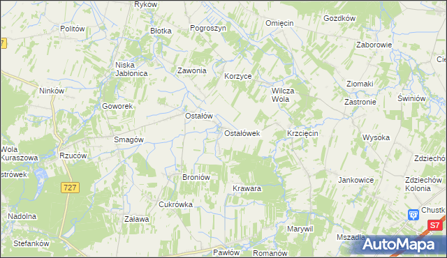 mapa Ostałówek gmina Chlewiska, Ostałówek gmina Chlewiska na mapie Targeo